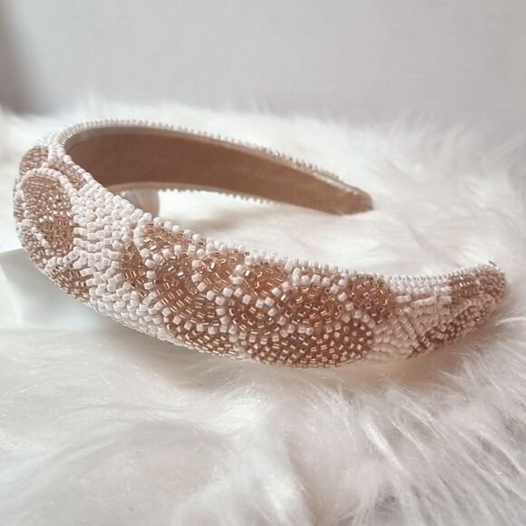 GOLDEN ROSE PATTERN JEWELED BEADED HEADBAND - Picture 7 of 10